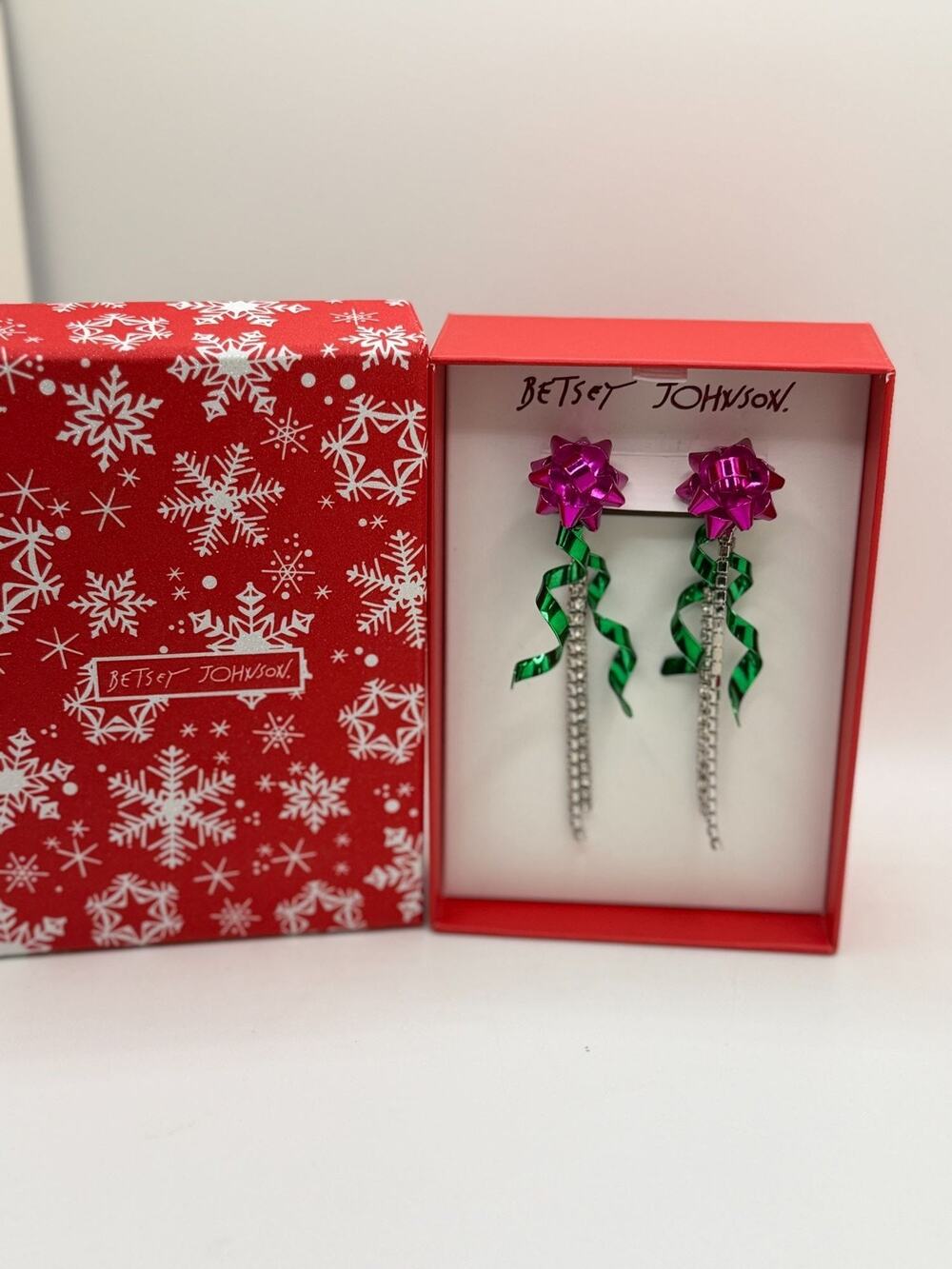 Betsey Johnson Holiday Bow Dangle Earrings With Gift Box